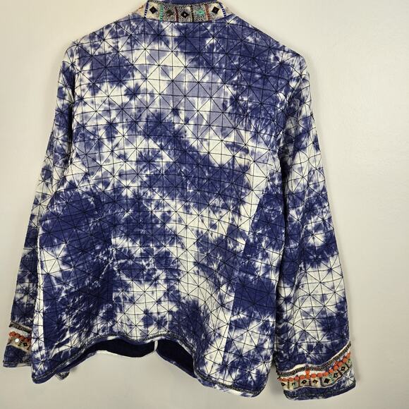 Chico's Quilted Jacket Blue Tie Dye Shibori Open Front Embroidered Sz 3 (XL) - Picture 6 of 8